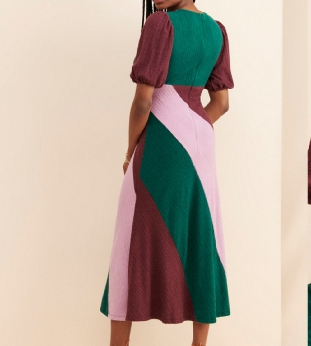 Hutch Colorblock Ribbed Knit Midi Dress Large Deep V-neck Burgundy Hunter Green - Picture 3 of 11
